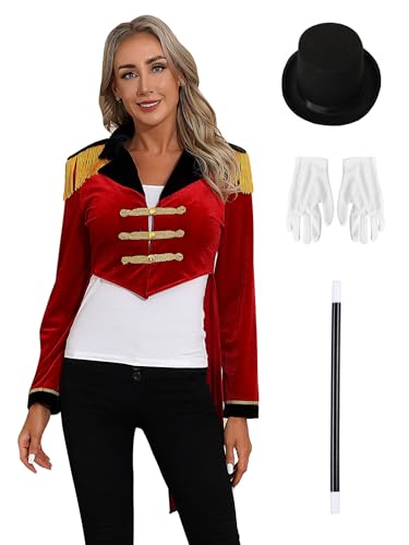 Aislor Damen Zirkus Kostüm Samt Frack Jacke mit Hut Handschuhe und Zauberstab Vintage Mantel Showman Ringmaster Uniform Karneval Kostüm Clubwear Rot 3XL von Aislor