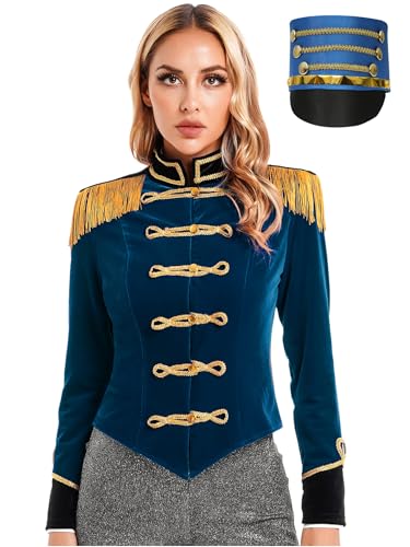 Aislor Damen Zirkus Kostüm Set Samt Blazer Zirkus Jacke Langarm mit Hut Zirkusdirektor Mantel Cosplay Set Uniform Fasching Kostüme Clubwear Mottoparty Dunkelblau 3XL von Aislor