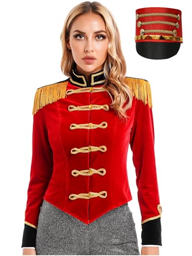 Aislor Damen Zirkus Kostüm Set Samt Blazer Zirkus Jacke Langarm mit Hut Zirkusdirektor Mantel Cosplay Set Uniform Fasching Kostüme Clubwear Mottoparty Rot 3XL von Aislor