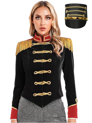 Aislor Damen Zirkus Kostüm Set Samt Blazer Zirkus Jacke Langarm mit Hut Zirkusdirektor Mantel Cosplay Set Uniform Fasching Kostüme Clubwear Mottoparty Schwarz 3XL von Aislor