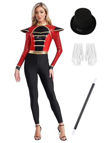 Aislor Damen Zirkus Kostüm Set Zirkusdirektor Jumpsuit Handschuhen Hut Zauberstab Turnanzug Showman Cosplay Karneval Fasching Rave Outfit Rot 3XL von Aislor