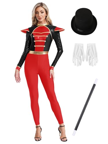 Aislor Damen Zirkus Kostüm Set Zirkusdirektor Jumpsuit Handschuhen Hut Zauberstab Turnanzug Showman Cosplay Karneval Fasching Rave Outfit Schwarz 3XL von Aislor