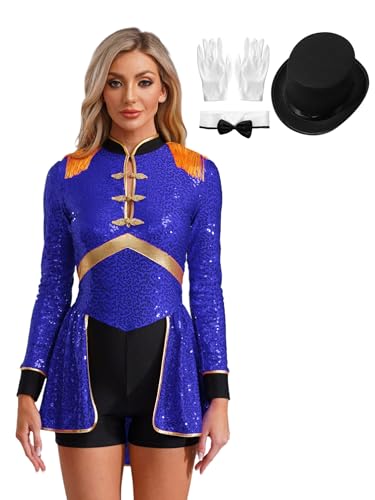 Aislor Damen Zirkus Kostüm Set Zirkusdirektor Jumpsuit Mit Hut Und Handschuhe Cosplay Set Neckholder Overall Showman Uniform Fasching Kostüm Mottoparty Rave Outfit Königsblau 4XL von Aislor