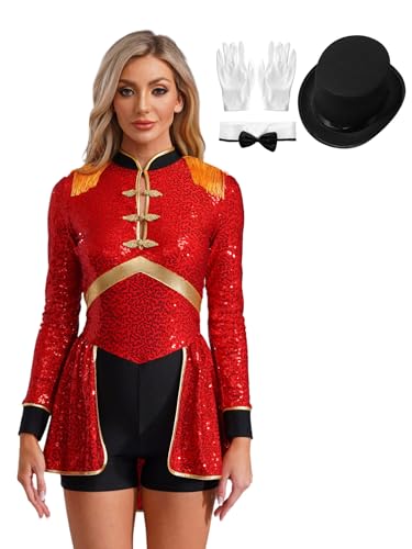 Aislor Damen Zirkus Kostüm Set Zirkusdirektor Jumpsuit Mit Hut Und Handschuhe Cosplay Set Neckholder Overall Showman Uniform Fasching Kostüm Mottoparty Rave Outfit Rot 3XL von Aislor