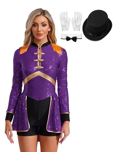 Aislor Damen Zirkus Kostüm Set Zirkusdirektor Jumpsuit Mit Hut Und Handschuhe Cosplay Set Neckholder Overall Showman Uniform Fasching Kostüm Mottoparty Rave Outfit Violett M von Aislor