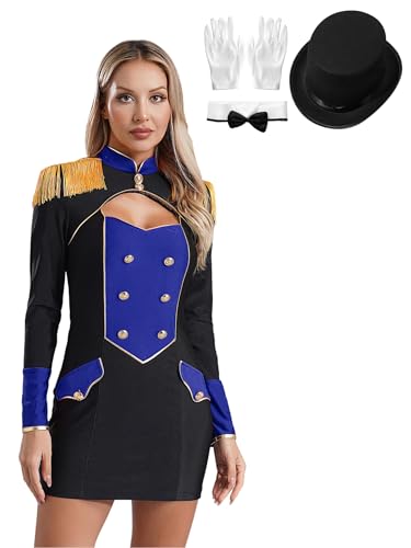 Aislor Damen Zirkus Kostüm Set Zirkusdirektor Kleid mit Hut und Handschuhen Aushöhlen Minikleid Langarm Showman Cosplay Clubwear Karneval Fasching Blau 3XL von Aislor