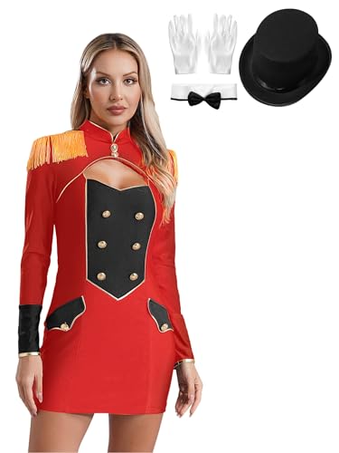 Aislor Damen Zirkus Kostüm Set Zirkusdirektor Kleid mit Hut und Handschuhen Aushöhlen Minikleid Langarm Showman Cosplay Clubwear Karneval Fasching Rot 3XL von Aislor