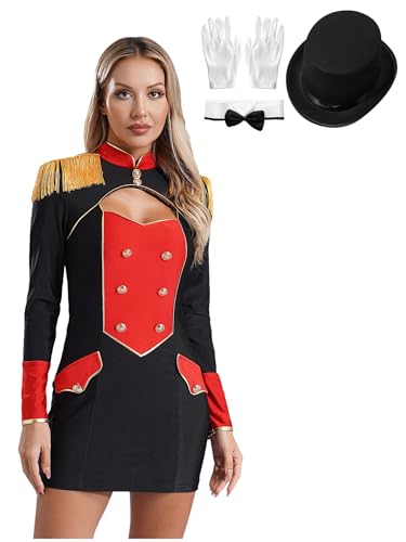 Aislor Damen Zirkus Kostüm Set Zirkusdirektor Kleid mit Hut und Handschuhen Aushöhlen Minikleid Langarm Showman Cosplay Clubwear Karneval Fasching Schwarz 3XL von Aislor