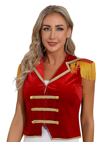 Aislor Damen Zirkus Kostüm Zirkus Direktor Dompteur Kostüm Fransen Jacke Samt Blazerjacke Ärmellos Weste Mantel Halloween Fasching Kostüm Rot L von Aislor