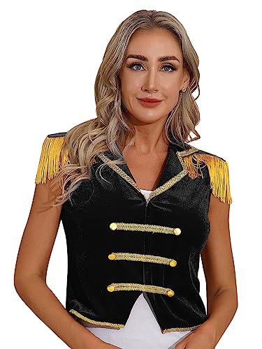 Aislor Damen Zirkus Kostüm Zirkus Direktor Dompteur Kostüm Fransen Jacke Samt Blazerjacke Ärmellos Weste Mantel Halloween Fasching Kostüm Schwarz S von Aislor