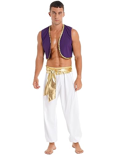 Aislor Herren Araber Kostüm Weste mit Hose und Farbblockgürtel Araber Verkleidung Karneval Fasching Cosplay Mottopartys Gold 3XL von Aislor