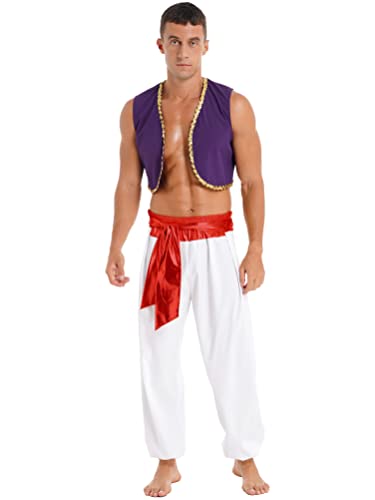 Aislor Herren Araber Kostüm Weste mit Hose und Farbblockgürtel Araber Verkleidung Karneval Fasching Cosplay Mottopartys Rot XL von Aislor