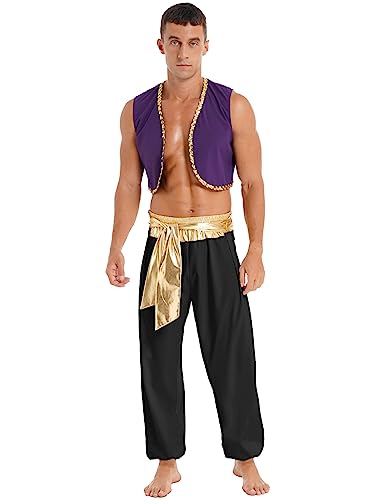 Aislor Herren Aladin Kostüm Weste Mit Hose Und Farbblockgürtel Araber Verkleidung Karneval Fasching Cosplay Aladin Rollenspiel Outfits Schwarz L von Aislor