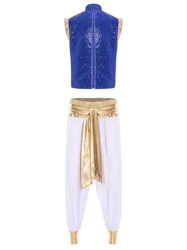 Aislor Herren Aladin Kostüm Weste Top Ärmellos Pailletten Weste mit Hose Harmehose Pumphose Arabischer Prinz Verkleidung Halloween Fasching Kostüm Blau Weiss XL von Aislor