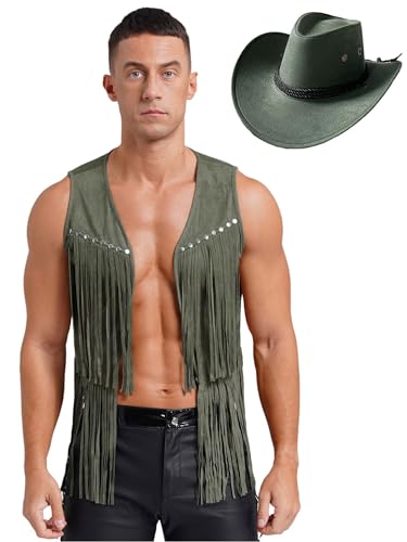 Aislor Herren Cowboy Kostüm Jacke Vintage Fransen Kurze Weste + Cowboy Hut Lose Wildleder Tank Top Western Cowboy Weste Kostüme Halloween Cosplay Armeegrün L von Aislor