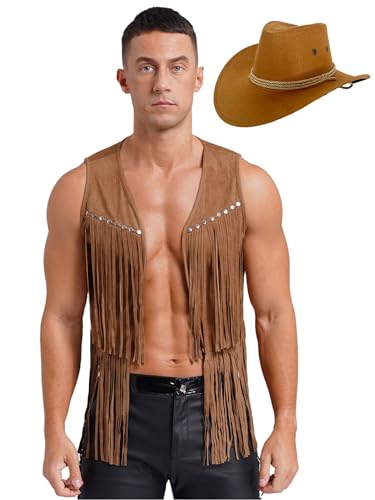 Aislor Herren Cowboy Kostüm Jacke Vintage Fransen Kurze Weste + Cowboy Hut Lose Wildleder Tank Top Western Cowboy Weste Kostüme Halloween Cosplay Braun M von Aislor