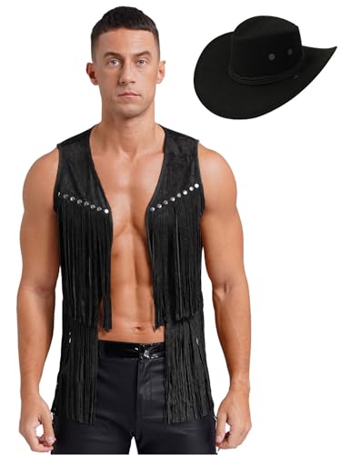 Aislor Herren Cowboy Kostüm Jacke Vintage Fransen Kurze Weste + Cowboy Hut Lose Wildleder Tank Top Western Cowboy Weste Kostüme Halloween Cosplay Schwarz M von Aislor