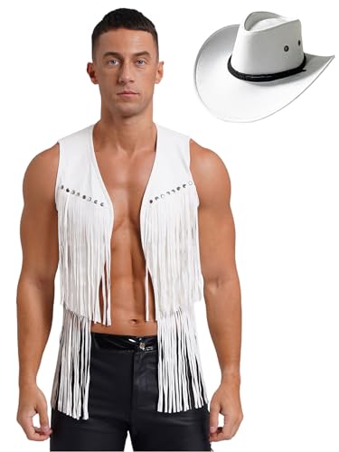 Aislor Herren Cowboy Kostüm Jacke Vintage Fransen Kurze Weste + Cowboy Hut Lose Wildleder Tank Top Western Cowboy Weste Kostüme Halloween Cosplay Weiß M von Aislor