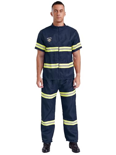 Aislor Herren Feuerwehrmann Kostüm Halloween Fasching Kostüm Feuerwehrhelm + Jacke + Hose + Gürtel Feuerwehr Anzug Uniform Navyblau XL von Aislor