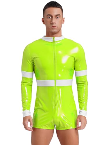 Aislor Herren Feuerwehrmann Kostüm Wetlook Bodysuit Jumpsuit Langarm Lackleder Overall mit Reißverschluss Halloween Fasching Kostüm Fluoreszierendes Gelb XL von Aislor