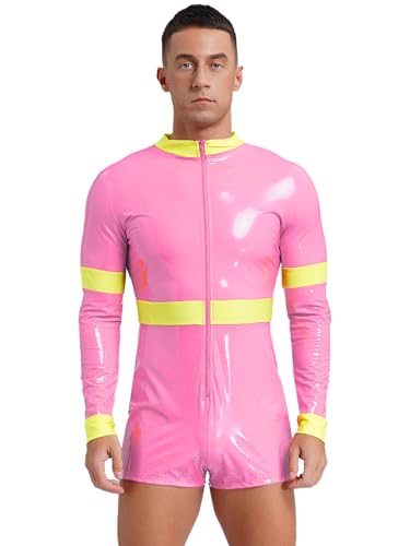 Aislor Herren Feuerwehrmann Kostüm Wetlook Bodysuit Jumpsuit Langarm Lackleder Overall mit Reißverschluss Halloween Fasching Kostüm Rosa XL von Aislor