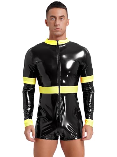 Aislor Herren Feuerwehrmann Kostüm Wetlook Bodysuit Jumpsuit Langarm Lackleder Overall mit Reißverschluss Halloween Fasching Kostüm Schwarz L von Aislor