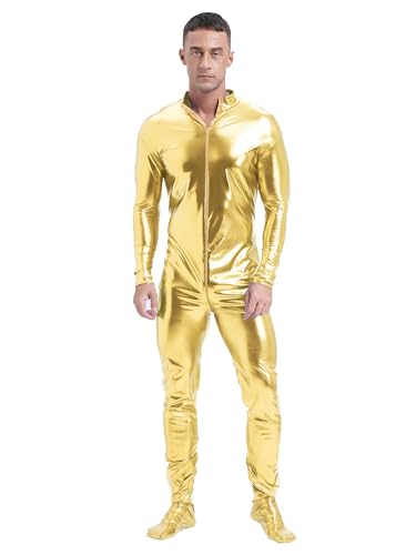Aislor Herren Ganzkörperanzug Langarm Bodysuit Reißverschluss Jumspuit Metallic Glänzend Lackleder Overall Clubwear Gold 3XL von Aislor