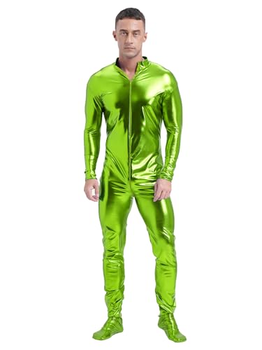 Aislor Herren Ganzkörperanzug Langarm Bodysuit Reißverschluss Jumspuit Metallic Glänzend Lackleder Overall Clubwear Gras-Grün M von Aislor