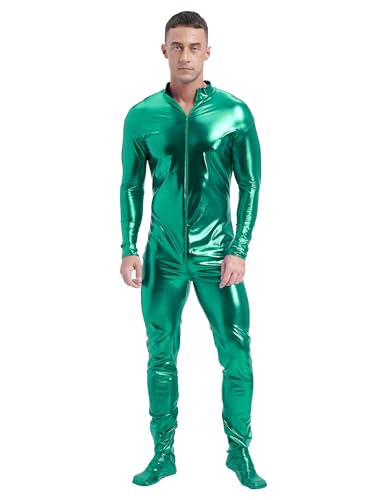 Aislor Herren Ganzkörperanzug Langarm Bodysuit Reißverschluss Jumspuit Metallic Glänzend Lackleder Overall Clubwear Grün 3XL von Aislor