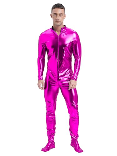 Aislor Herren Ganzkörperanzug Langarm Bodysuit Reißverschluss Jumspuit Metallic Glänzend Lackleder Overall Clubwear Hot Pink 3XL von Aislor
