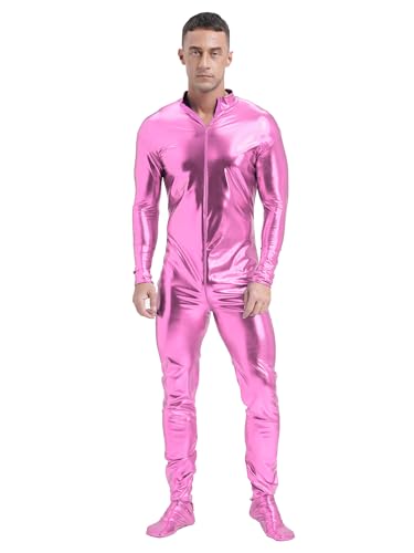 Aislor Herren Ganzkörperanzug Langarm Bodysuit Reißverschluss Jumspuit Metallic Glänzend Lackleder Overall Clubwear Rosa XL von Aislor