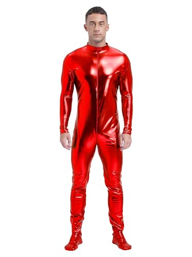 Aislor Herren Ganzkörperanzug Langarm Bodysuit Reißverschluss Jumspuit Metallic Glänzend Lackleder Overall Clubwear Rot XXL von Aislor