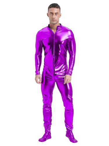 Aislor Herren Ganzkörperanzug Langarm Bodysuit Reißverschluss Jumspuit Metallic Glänzend Lackleder Overall Clubwear Violett 3XL von Aislor