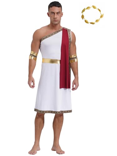 Aislor Herren Griechische Gott Kostüm Antike Römische Toga Kleid mit Ärmeln Gold Blätter Stirnband Eine Schulter Robe Kleid Halloween Karneval Kostüm Burgundy L von Aislor