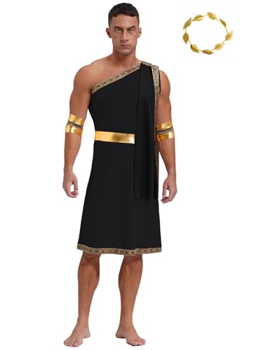 Aislor Herren Griechische Gott Kostüm Antike Römische Toga Kleid mit Ärmeln Gold Blätter Stirnband Eine Schulter Robe Kleid Halloween Karneval Kostüm Schwarz 3XL von Aislor