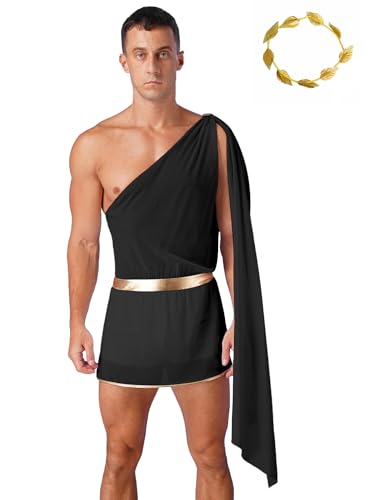 Aislor Herren Griechischer Gott Kostüm One Shoulder Toga mit Gold Blatt Stirnbänder Kopfschmuck Römisches Gladiator Kostüm Erwachsene Faschingskostüme Schwarz 3XL von Aislor