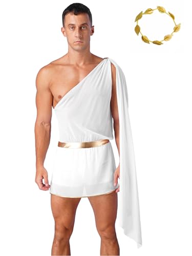 Aislor Herren Griechischer Gott Kostüm One Shoulder Toga mit Gold Blatt Stirnbänder Kopfschmuck Römisches Gladiator Kostüm Erwachsene Faschingskostüme Weiß L von Aislor