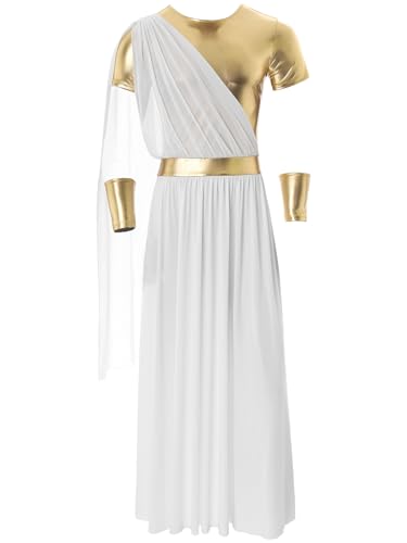 Aislor Herren Griechischer Gott Kostüm Römische Kleid Kurzarm Toga mit Metallic Handschuhe Lang Rock Robe Halloween Fashingskostüm Weiß L von Aislor