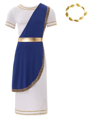 Aislor Herren Griechischer Gott Kostüm Römischer Gott Toga Kostüm Zeus Kurzarm Toga Kleid Robe + Gold Lorbeerkranz Halloween Kostüm Karneval Mottopartys Blau 3XL von Aislor