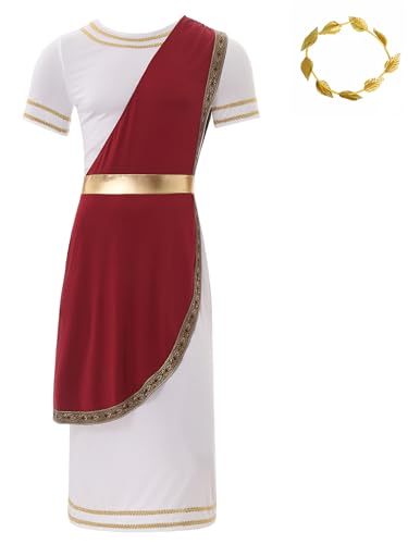 Aislor Herren Griechischer Gott Kostüm Römischer Gott Toga Kostüm Zeus Kurzarm Toga Kleid Robe + Gold Lorbeerkranz Halloween Kostüm Karneval Mottopartys Burgundy L von Aislor