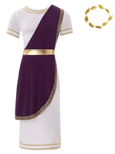 Aislor Herren Griechischer Gott Kostüm Römischer Gott Toga Kostüm Zeus Kurzarm Toga Kleid Robe + Gold Lorbeerkranz Halloween Kostüm Karneval Mottopartys Lila S von Aislor