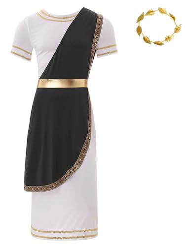 Aislor Herren Griechischer Gott Kostüm Römischer Gott Toga Kostüm Zeus Kurzarm Toga Kleid Robe + Gold Lorbeerkranz Halloween Kostüm Karneval Mottopartys Schwarz 3XL von Aislor