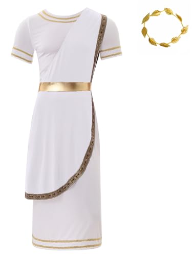 Aislor Herren Griechischer Gott Kostüm Römischer Gott Toga Kostüm Zeus Kurzarm Toga Kleid Robe + Gold Lorbeerkranz Halloween Kostüm Karneval Mottopartys Weiß 3XL von Aislor