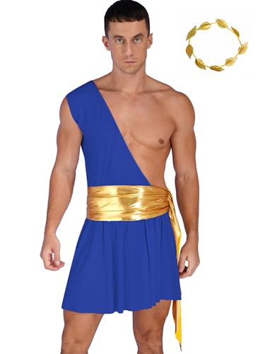 Aislor Herren Griechischer Gott Kostüm Römischer Kostüm One Shoulder Toga Kleid Robe + Gold Lorbeerkranz Halloween Karneval Fasching Kostüm Blau L von Aislor