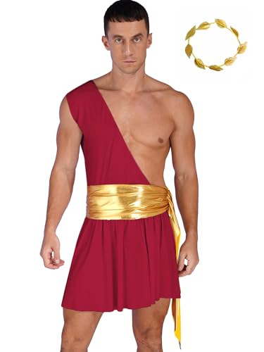 Aislor Herren Griechischer Gott Kostüm Römischer Kostüm One Shoulder Toga Kleid Robe + Gold Lorbeerkranz Halloween Karneval Fasching Kostüm Burgundy M von Aislor