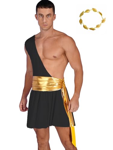 Aislor Herren Griechischer Gott Kostüm Römischer Kostüm One Shoulder Toga Kleid Robe + Gold Lorbeerkranz Halloween Karneval Fasching Kostüm Schwarz 3XL von Aislor