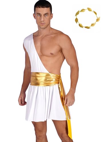 Aislor Herren Griechischer Gott Kostüm Römischer Kostüm One Shoulder Toga Kleid Robe + Gold Lorbeerkranz Halloween Karneval Fasching Kostüm Weiß 3XL von Aislor