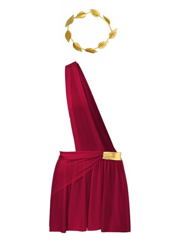 Aislor Herren Griechischer Reiter Kostüm Ein Schulter Toga Rüschenkleid mit Gold Blatt Stirnbänder Römisches Gladiator Kostüm Faschingskostüme Burgundy 3XL von Aislor