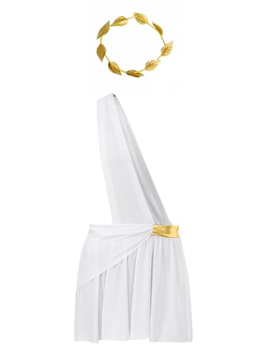 Aislor Herren Griechischer Reiter Kostüm Ein Schulter Toga Rüschenkleid mit Gold Blatt Stirnbänder Römisches Gladiator Kostüm Faschingskostüme Weiß S von Aislor