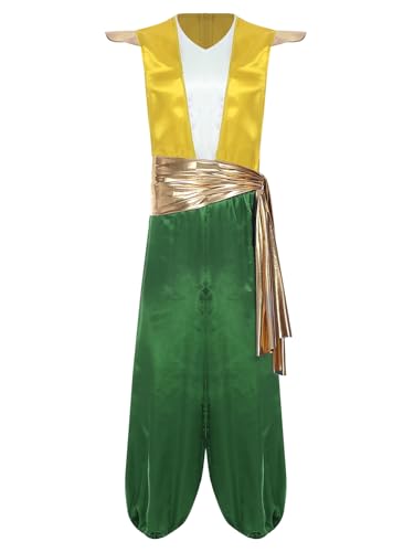 Aislor Herren Halloween Fasching Kostüm Aladin Jumpsuit Overall Arabischen Prinz Kostüm mit Gürtel Pumphose Haremhose Aladin Verkleidung Karneval Party Grün M von Aislor